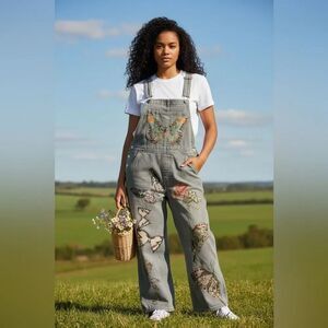 “Hand Crafted Cotton Denim Overalls S Distressed Wide Leg Cropped”)